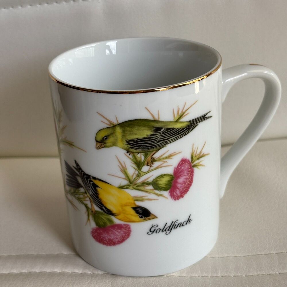 John James Audubon Goldfinch Mug 1985 Porcelain Bird Coffee Tea Cup Gold Trim